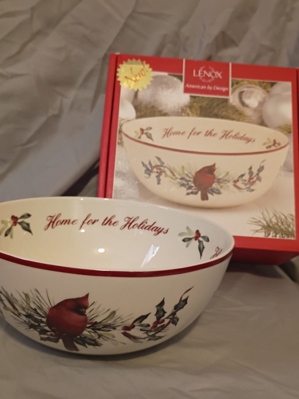 Lenox White and Red 'Home for the Holidays' Cardinal Holiday Bowl